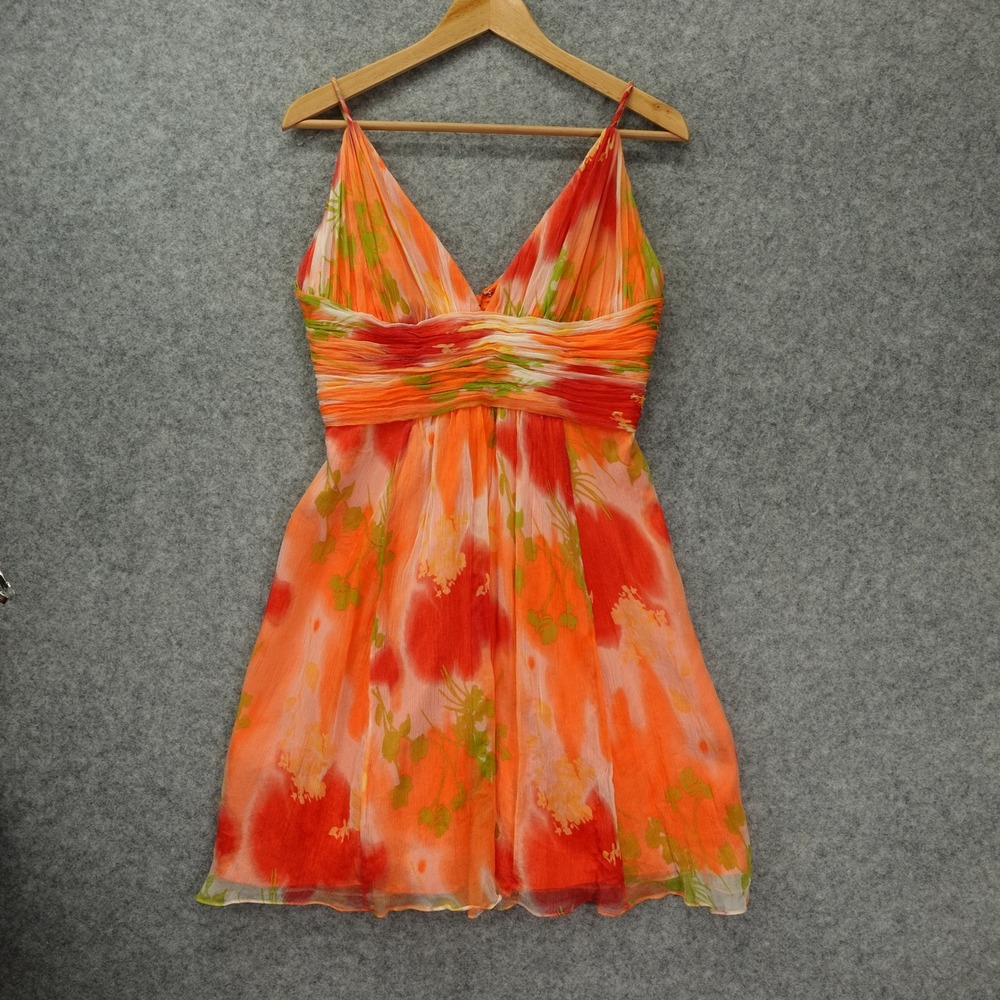 Tropical Y2K Floral Silk Dress S Orange Fall Boho Crinkle Laundry Shelli Segal